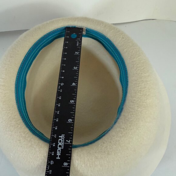 Retro Fuzzy Mohair Hat VTG Winter Rolled Brim Beige Satin Bow Church Derby - Picture 8 of 13